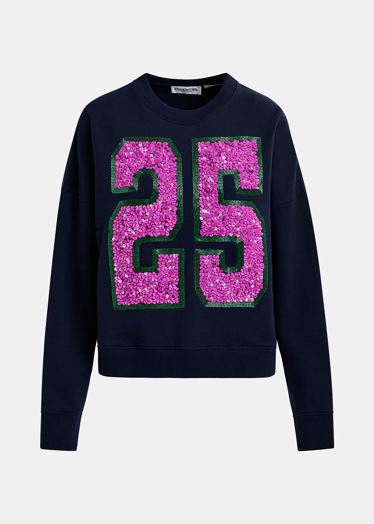 Navy blue and purple organic cotton sweatshirt with sequin and bead