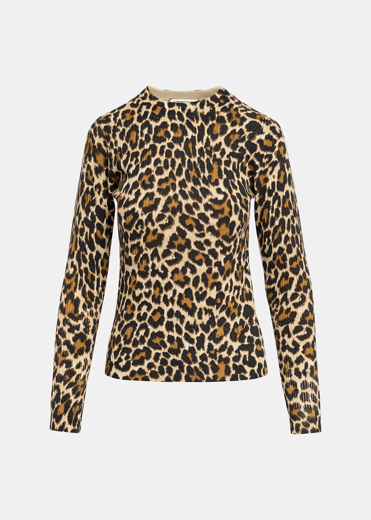 Beige rib-knitted sweater with leopard motif