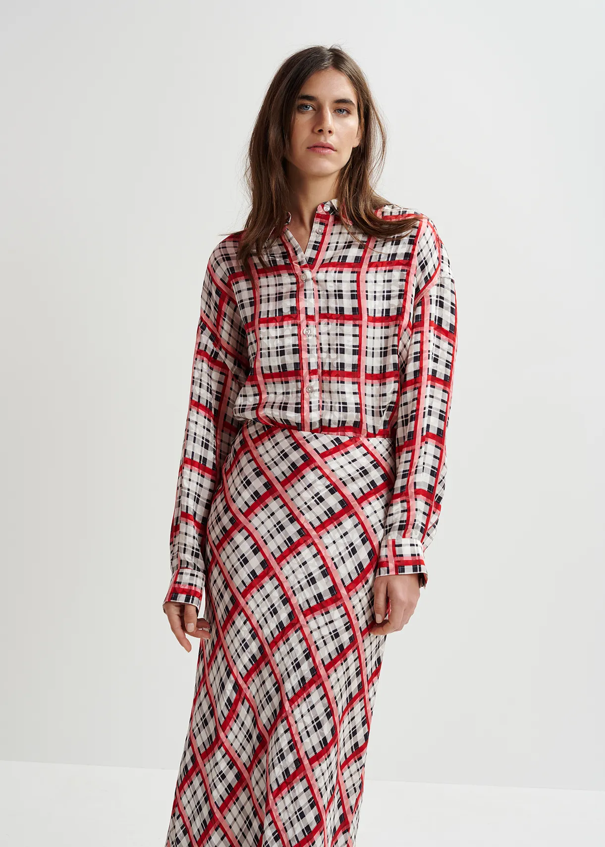 White, black and red checked shirt