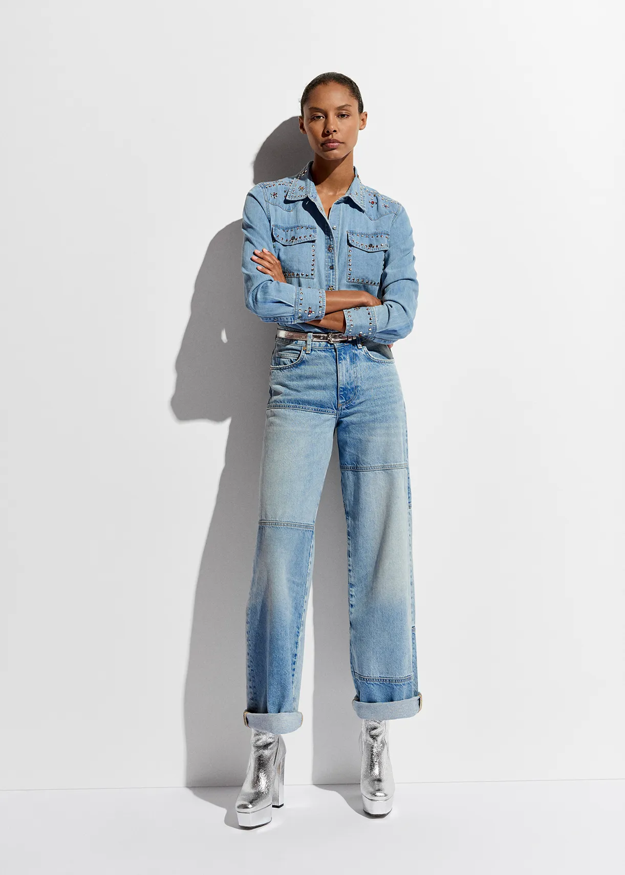 Straight-leg patchwork blue jeans