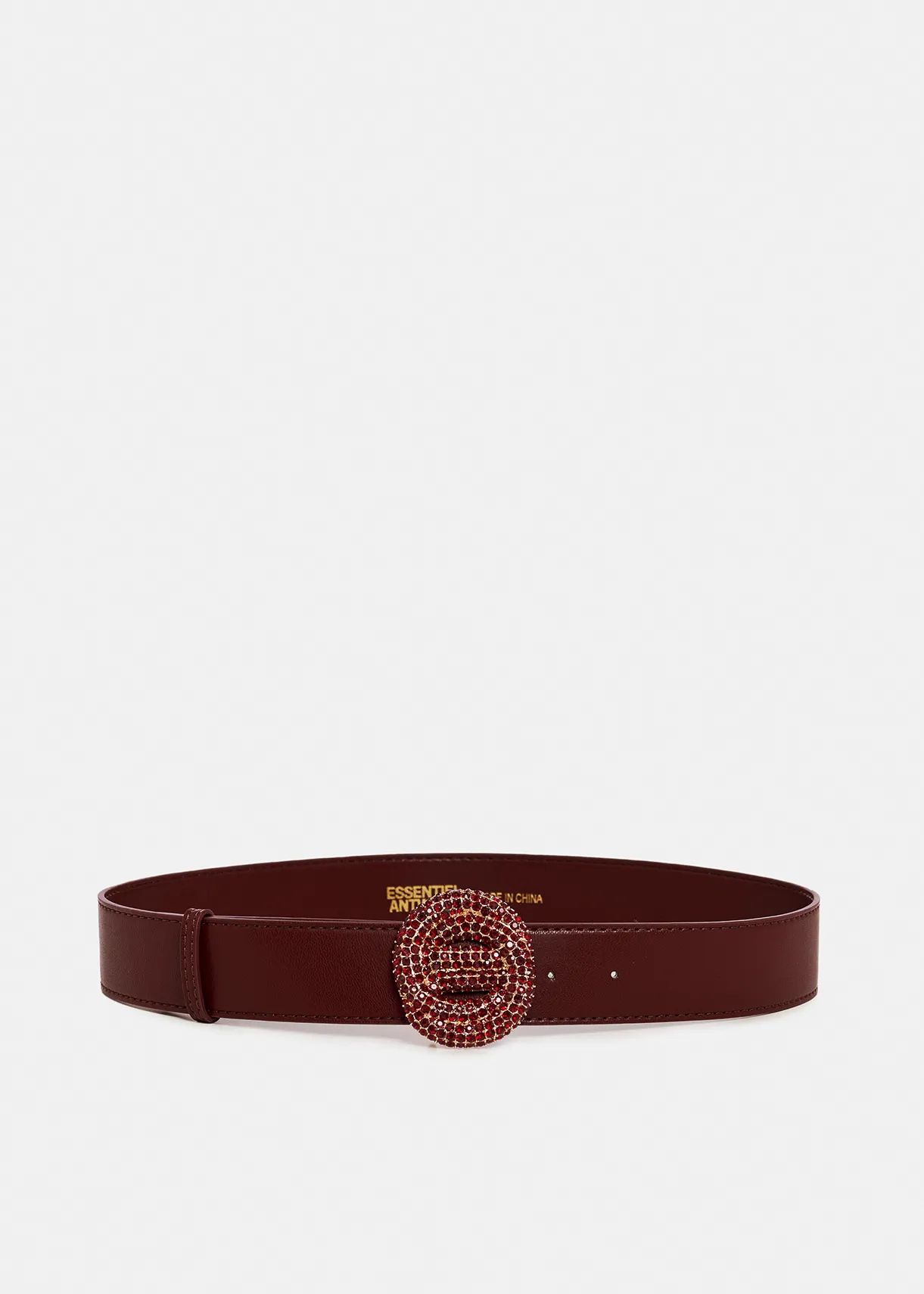 Burgundy belt with rhinestone-embellished buckle