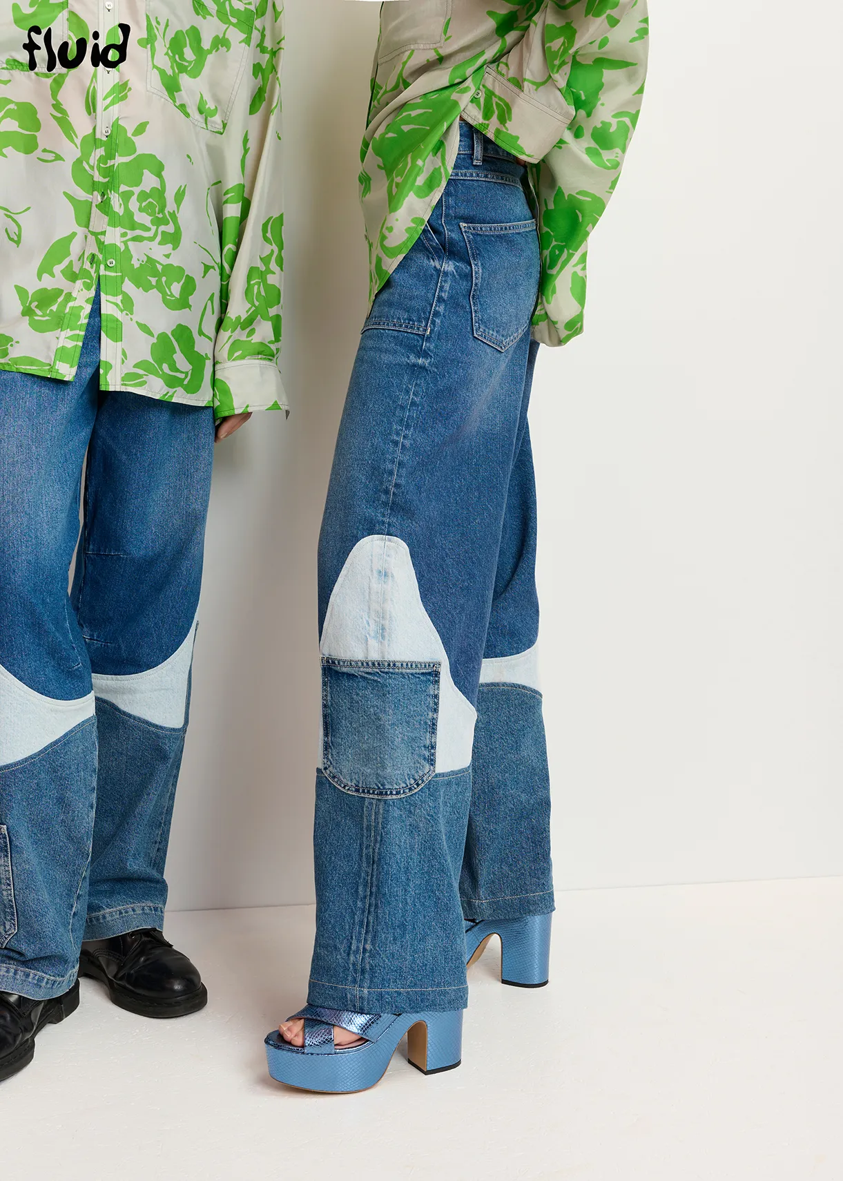 Wide-leg patchwork blue jeans
