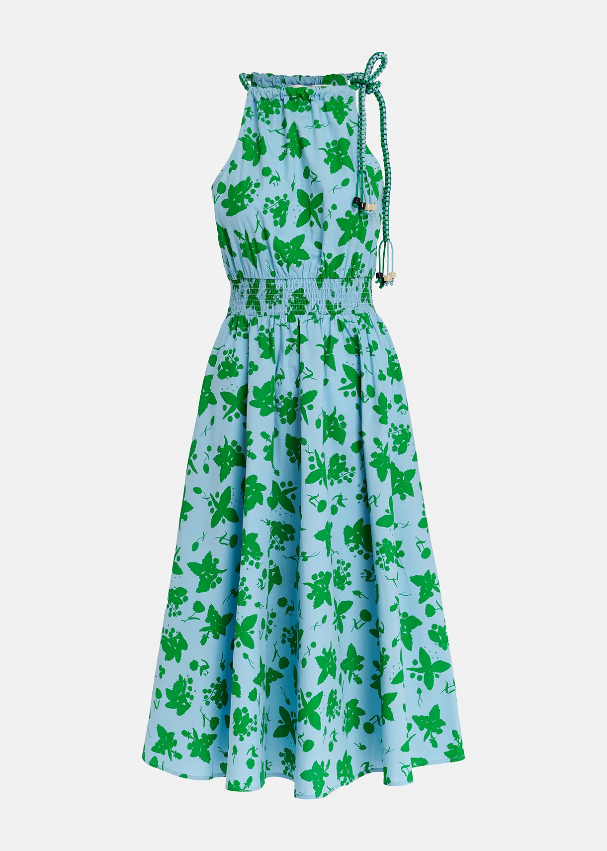 Green and light blue cotton halter neck dress with floral print