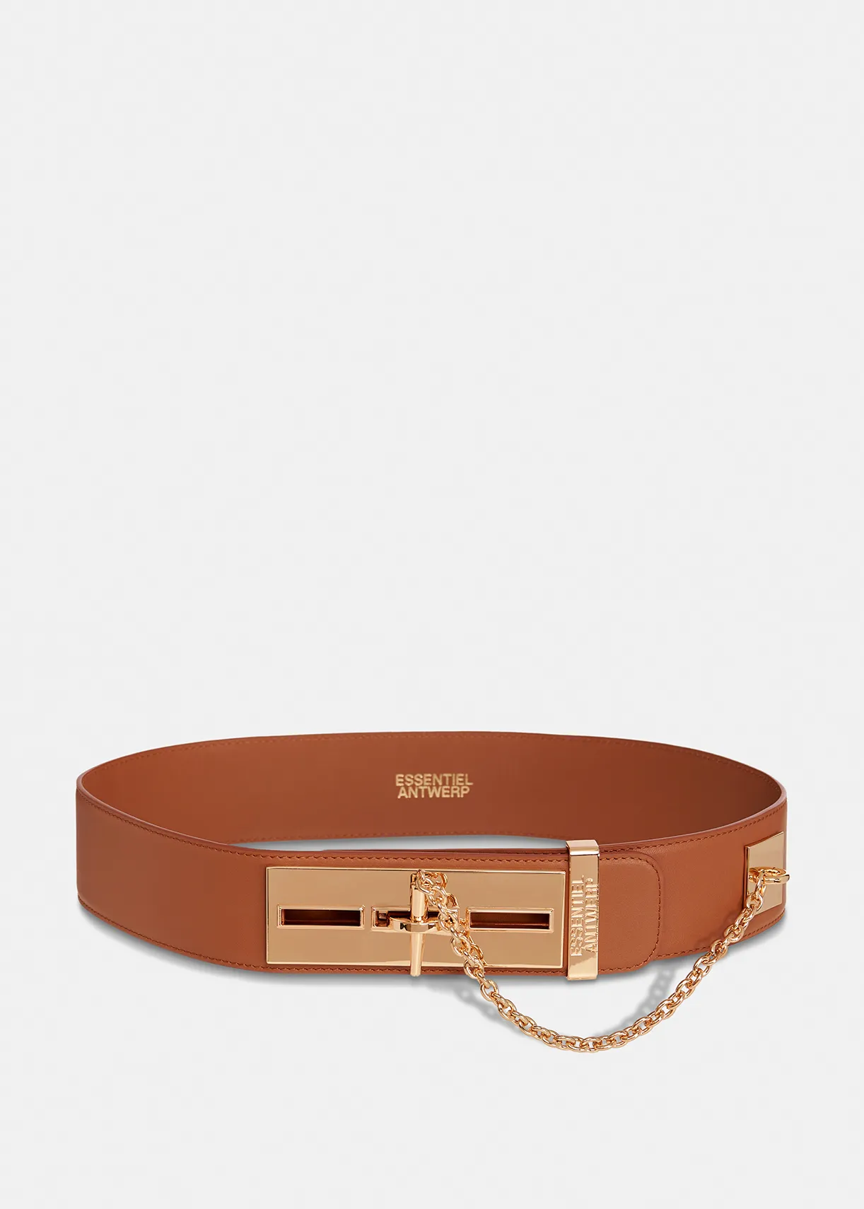 Brown leather waist belt with gold-tone buckle