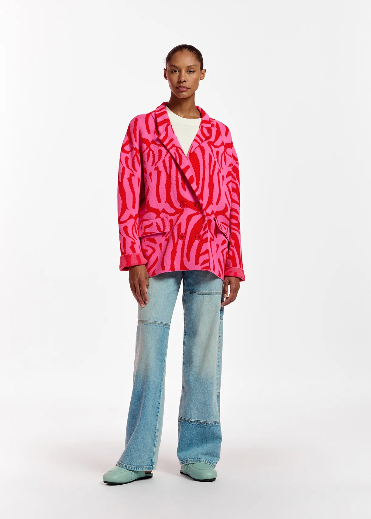 Pink and red zebra jacquard-knitted jacket