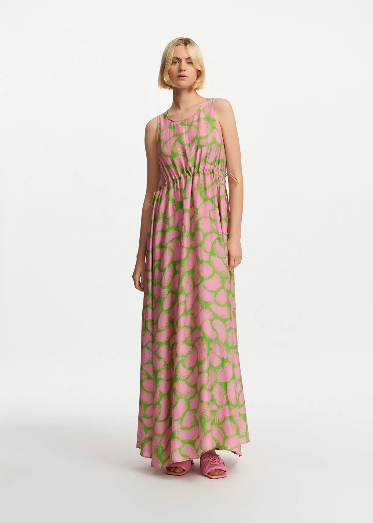 Green and light pink silk dress with abstract print