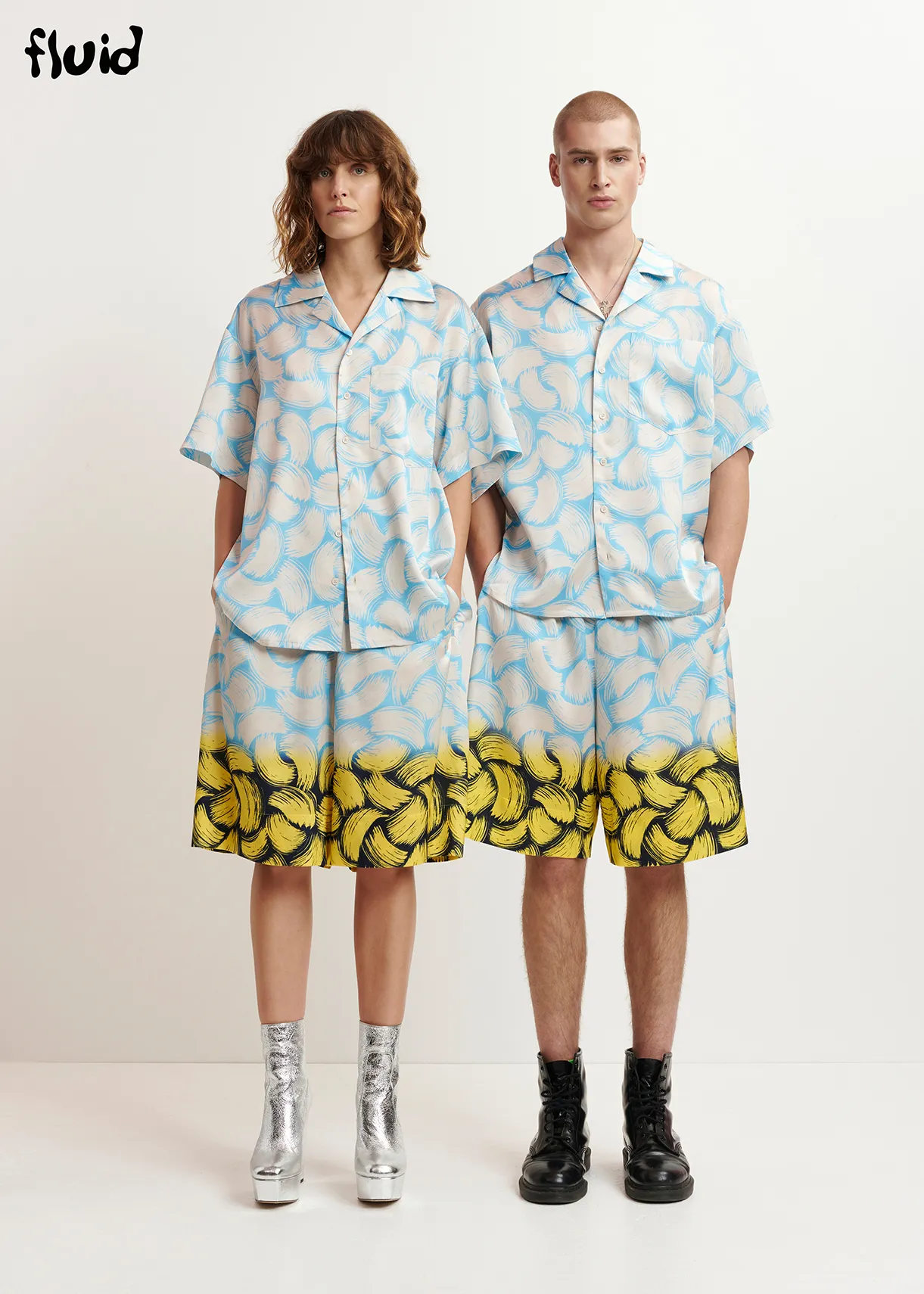 Blue, off-white and yellow abstract-print shorts