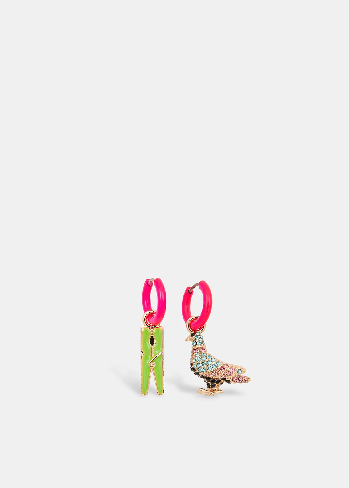 Neon pink hoop earrings with pigeon and peg pendants
