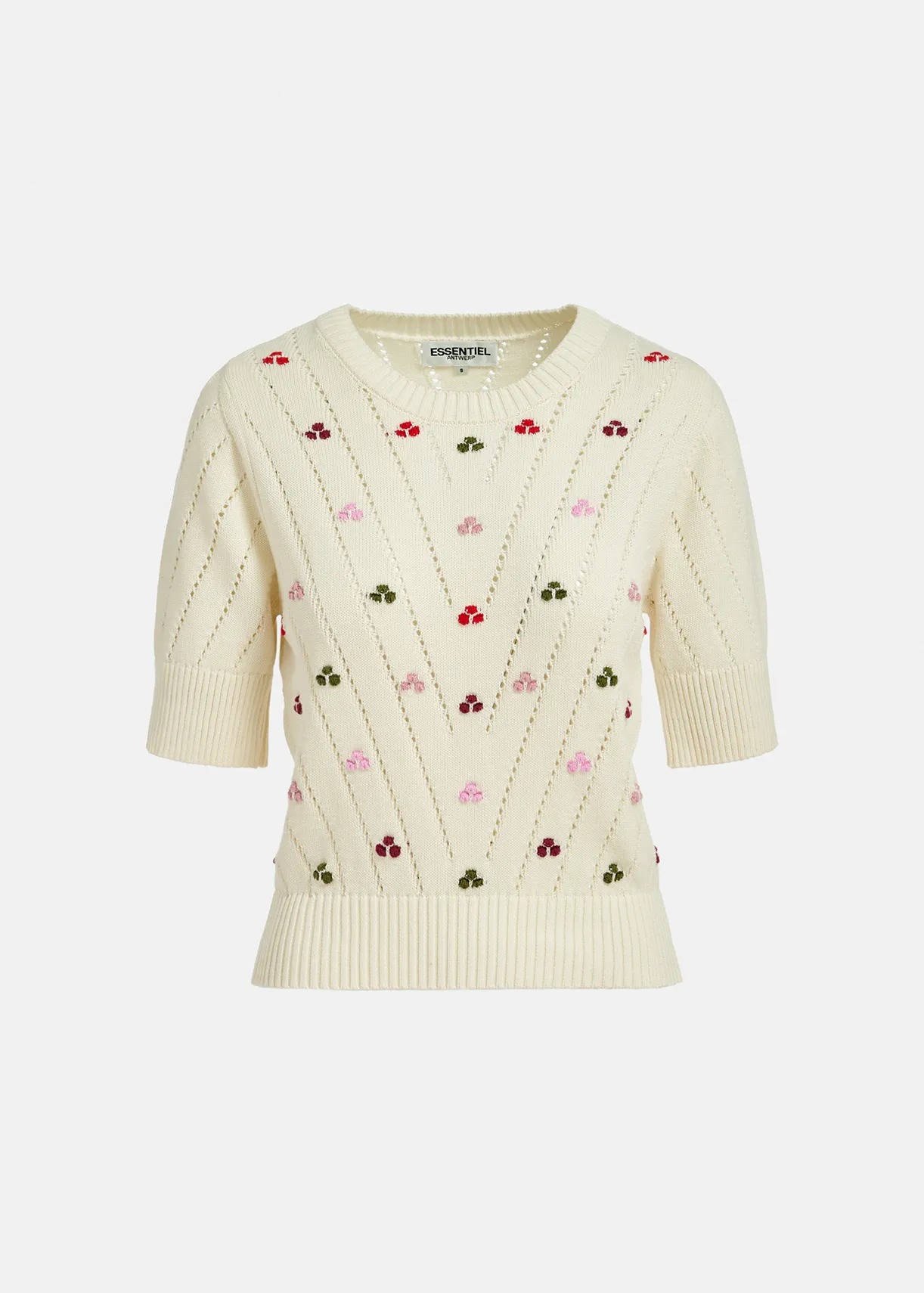 Ecru pointelle-knitted sweater with embroideries