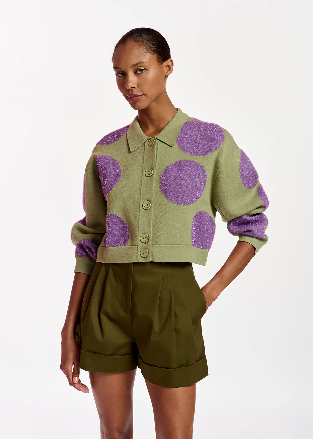 Light khaki and purple polka-dot knitted jacket