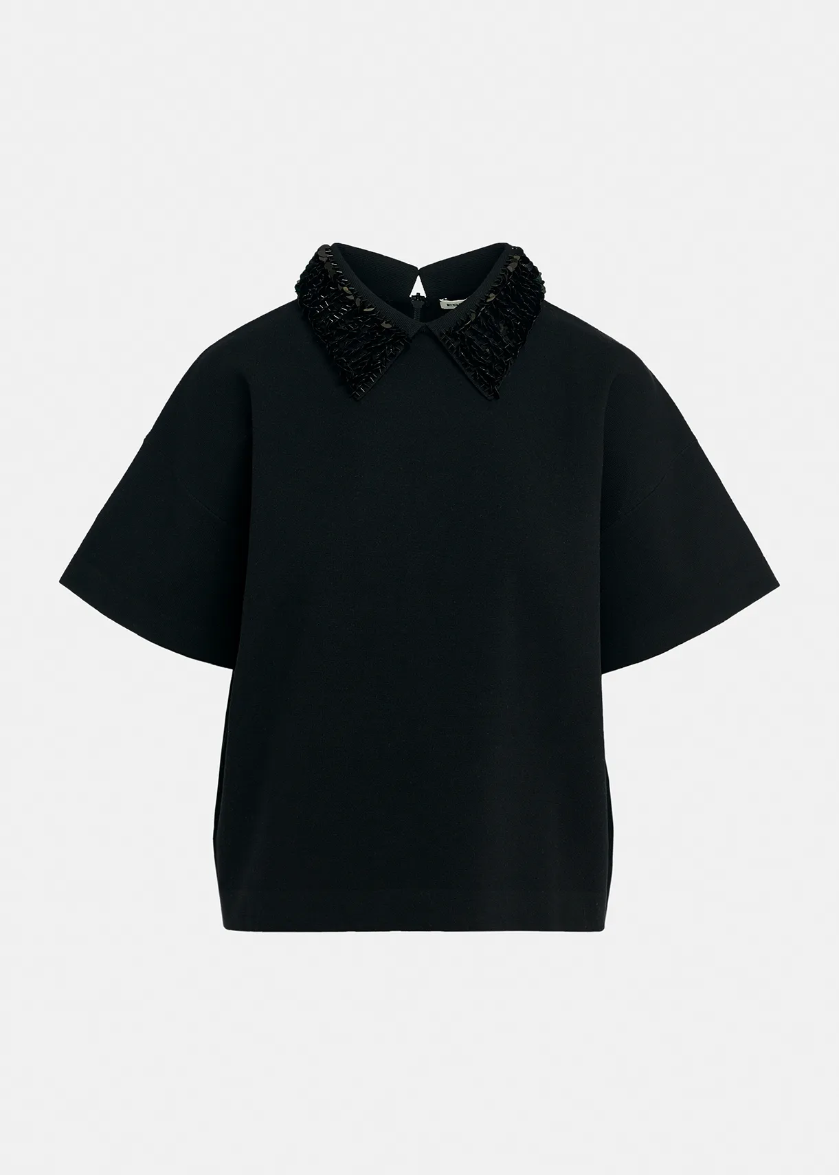 Black top with sequin-embellished collar