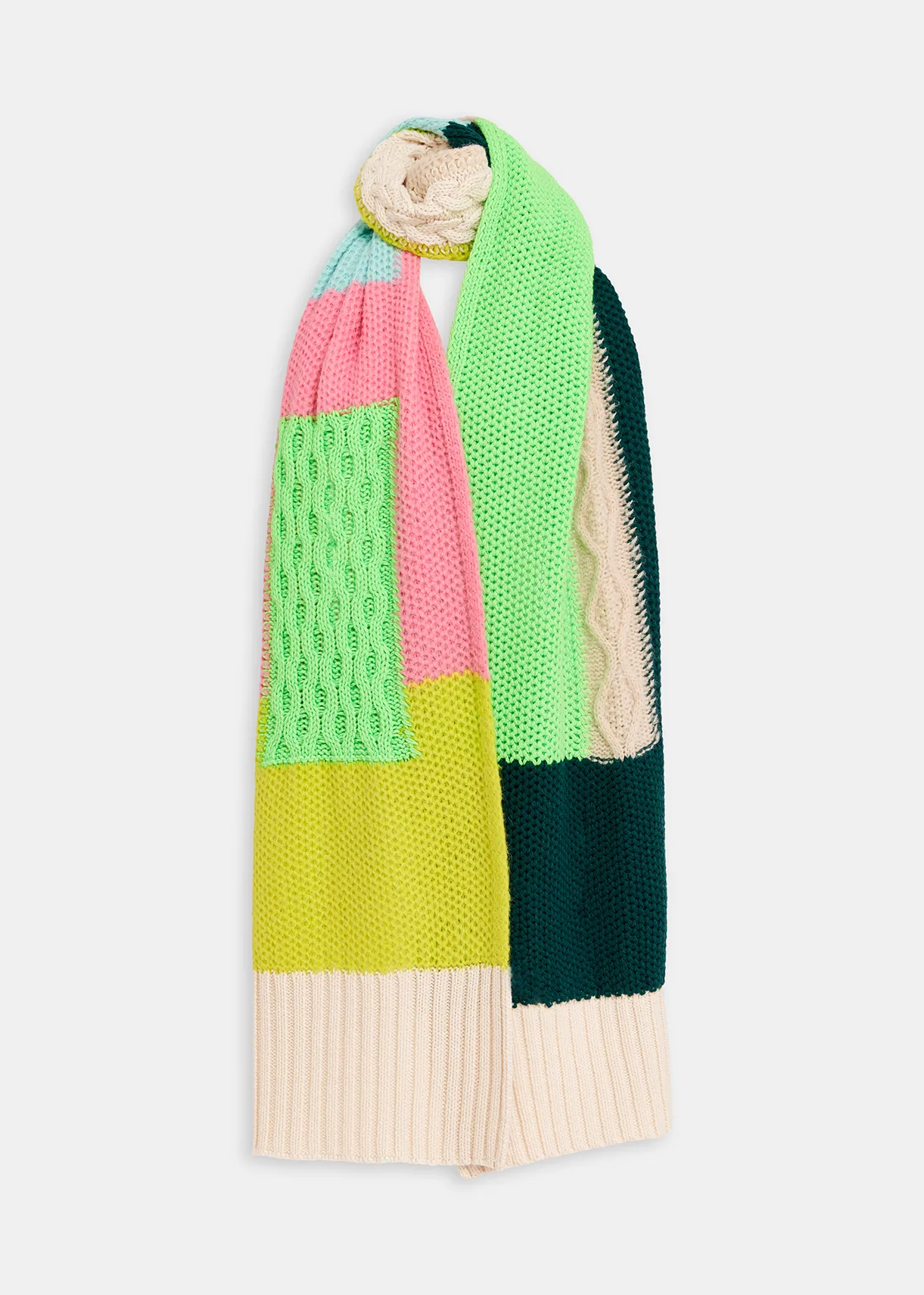 Ecru, neon green and pink cable-knitted patchwork scarf