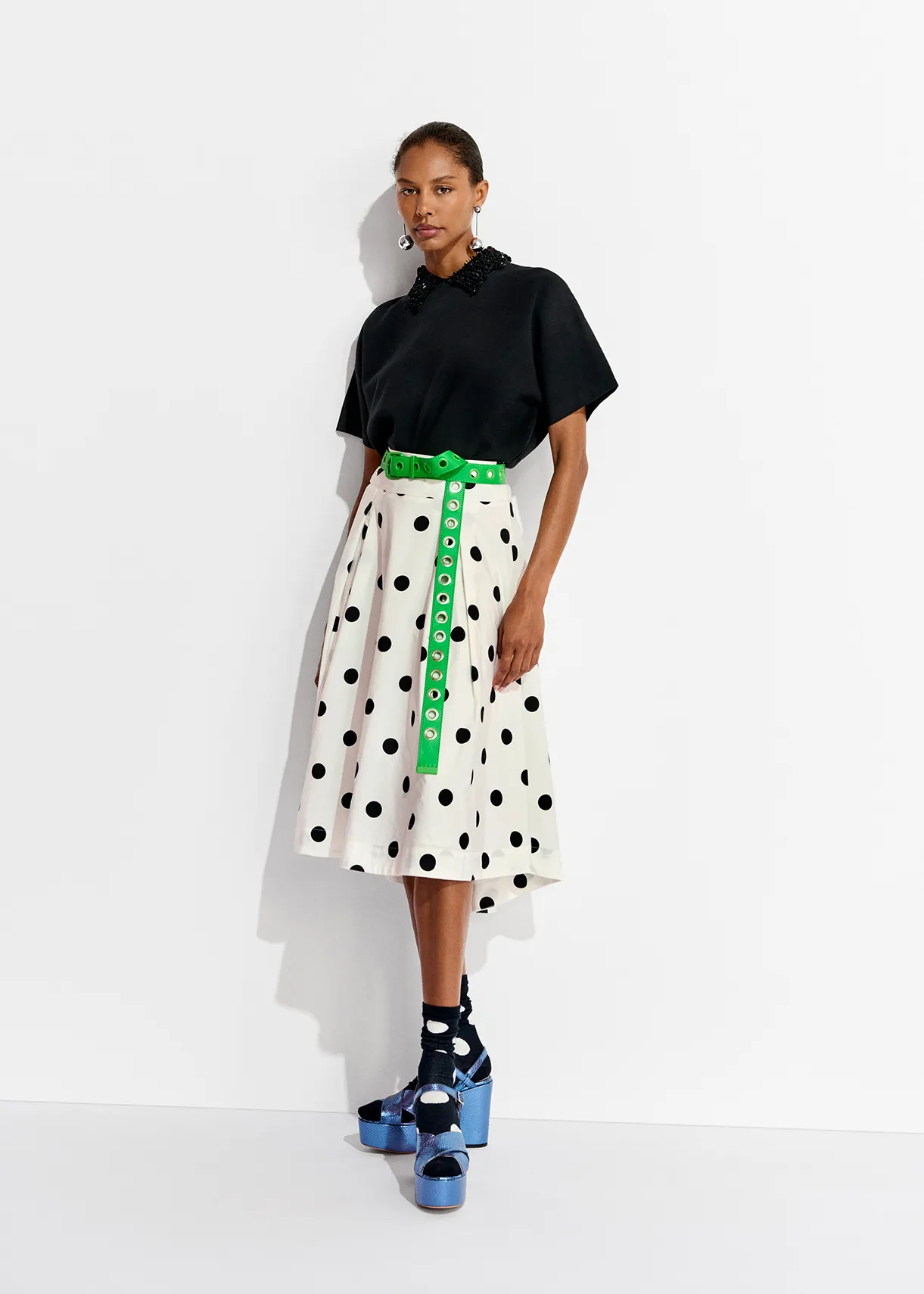 White and black polka-dot pleated midi skirt