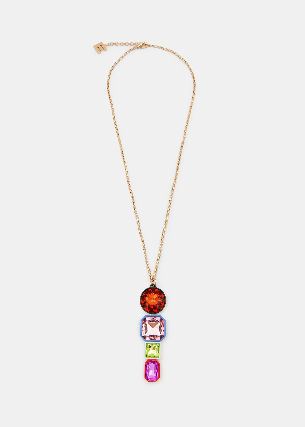 Gold-tone chain necklace with multicolor rhinestone hanger