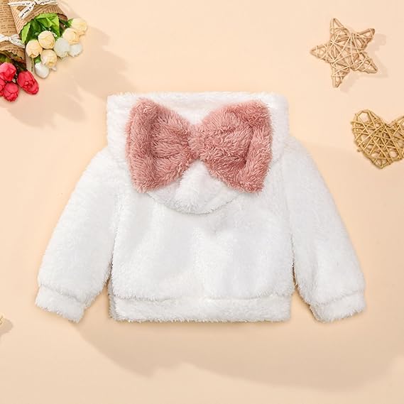 Zdluxco ROMPERINBOX Baby Girl Hoodie With Large Bow Fuzzy Hooded Sweatshirt Long Sleeve Pullover Fall Winter Outfits