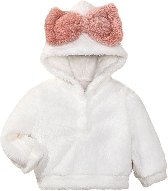 Zdluxco ROMPERINBOX Baby Girl Hoodie With Large Bow Fuzzy Hooded Sweatshirt Long Sleeve Pullover Fall Winter Outfits