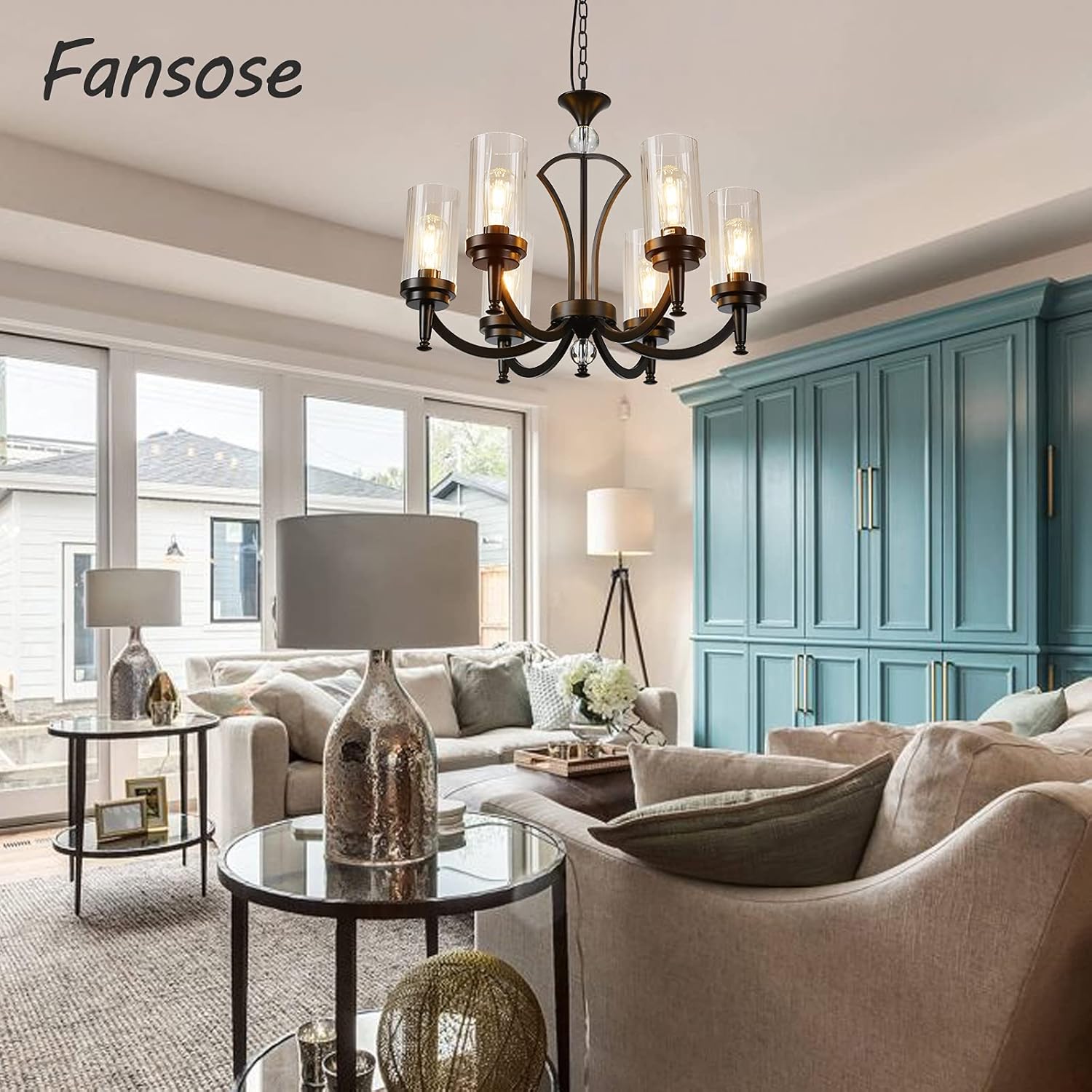 Fansose 6 Lights Iron Family Chandelier Antique Restoration Removable Glass Cover Industrial Chandelier,for Living Room Dining Room Bedroom Kitchen Balcony(The Color Composition is Black and Gold)