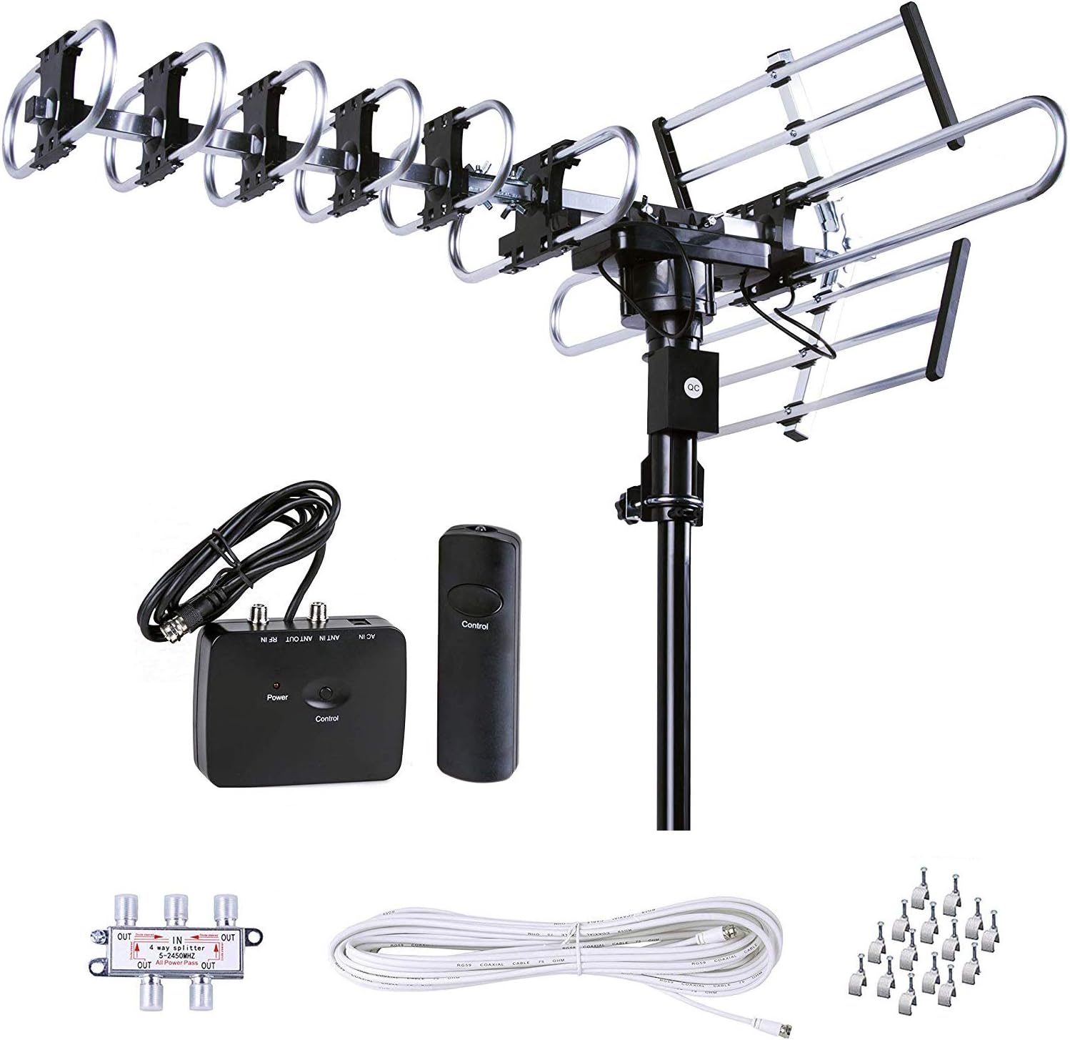 Five Star Outdoor HD TV Antenna Strongest Up to 200 Miles Long Range with Motorized 360 Degree Rotation, UHF/VHF/FM Radio with Infrared Remote Control Advanced Design Plus Installation Kit