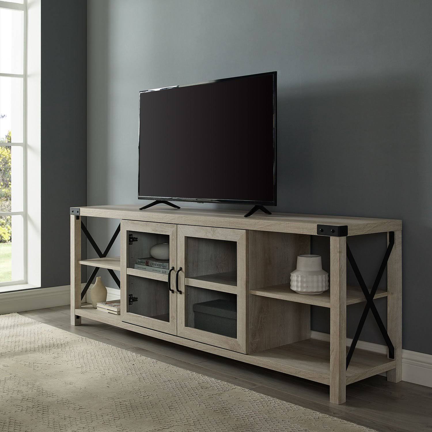 Walker Edison 70x22 Farmhouse Metal x TV Stand - Grey Wash