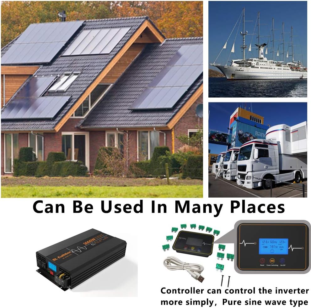 SL Euthtion 3000W Pure Sine Wave Power Inverter 12V DC to 120V AC 60HZ with LCD Display, USB Port, Wireless Remote Control（10M）, Solar, Outdoor