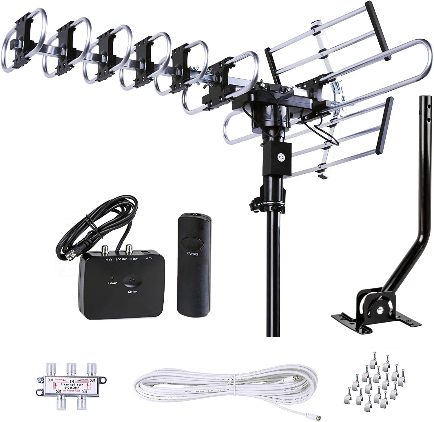 Five Star Outdoor HD TV Antenna Strongest Up to 200 Miles Long Range with Motorized 360 Degree Rotation, UHF/VHF/FM Radio with Infrared Remote Control Advanced Design Plus Installation Kit