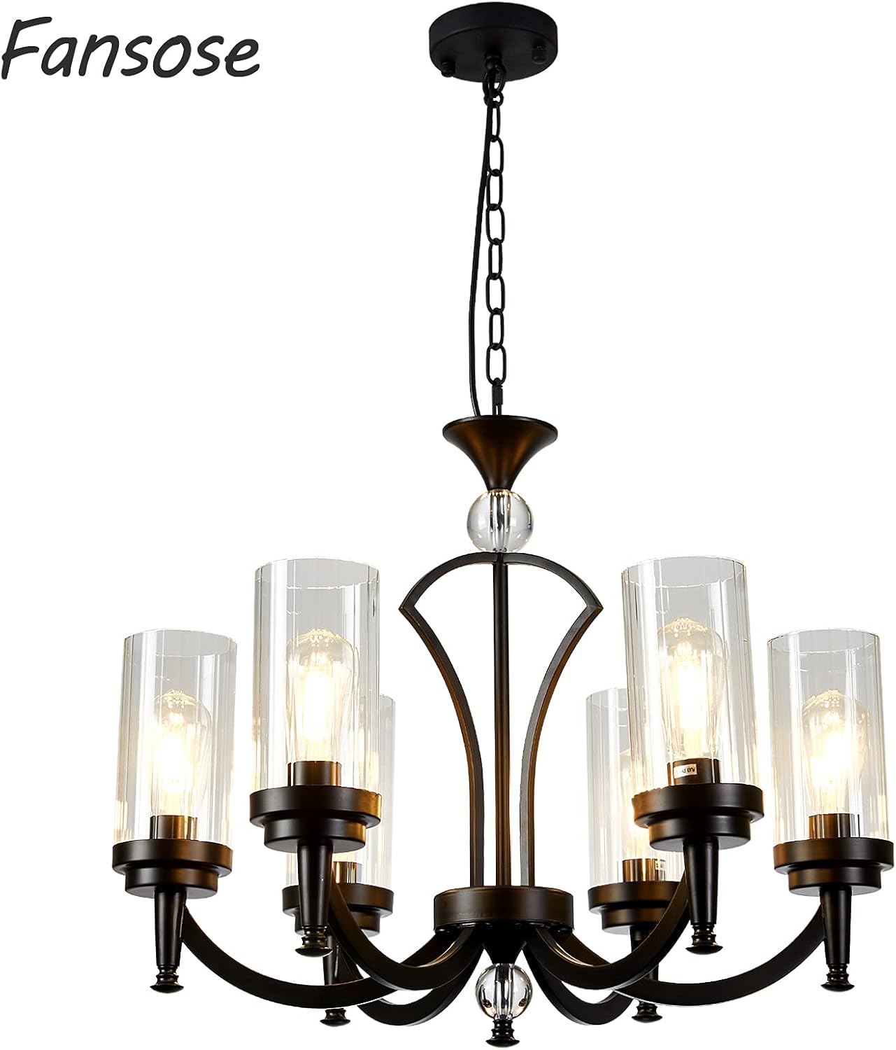Fansose 6 Lights Iron Family Chandelier Antique Restoration Removable Glass Cover Industrial Chandelier,for Living Room Dining Room Bedroom Kitchen Balcony(The Color Composition is Black and Gold)