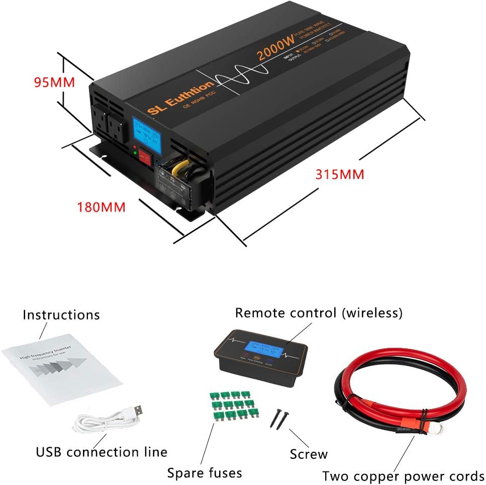 SL Euthtion 3000W Pure Sine Wave Power Inverter 12V DC to 120V AC 60HZ with LCD Display, USB Port, Wireless Remote Control（10M）, Solar, Outdoor