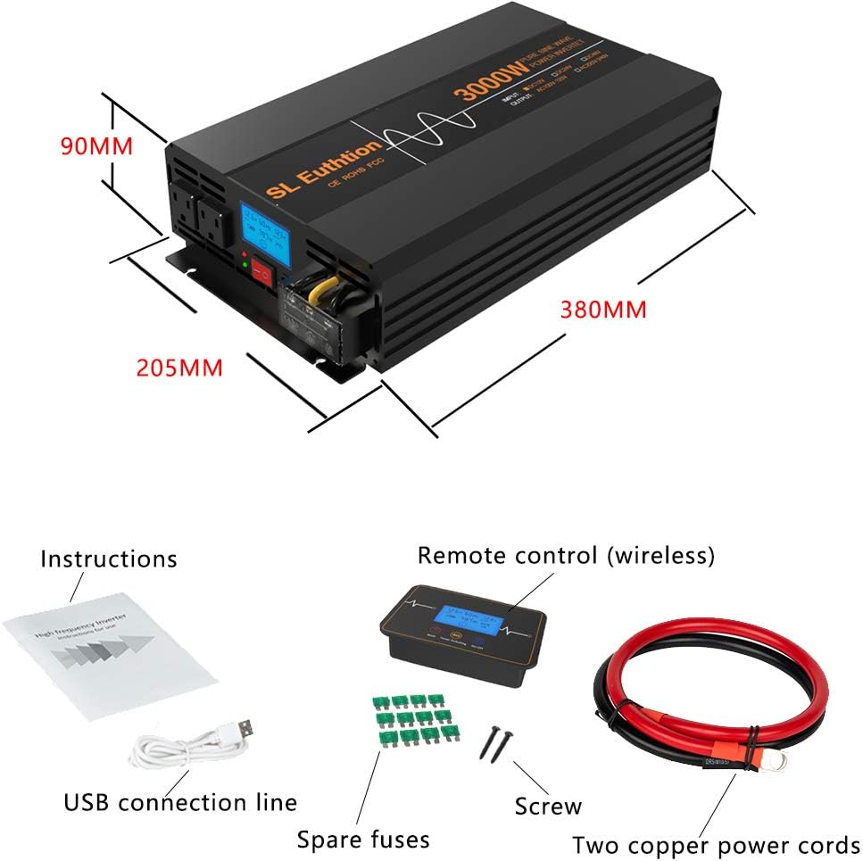 SL Euthtion 3000W Pure Sine Wave Power Inverter 12V DC to 120V AC 60HZ with LCD Display, USB Port, Wireless Remote Control（10M）, Solar, Outdoor
