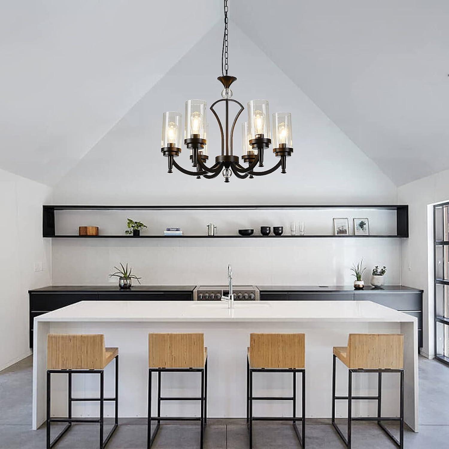 Fansose 6 Lights Iron Family Chandelier Antique Restoration Removable Glass Cover Industrial Chandelier,for Living Room Dining Room Bedroom Kitchen Balcony(The Color Composition is Black and Gold)