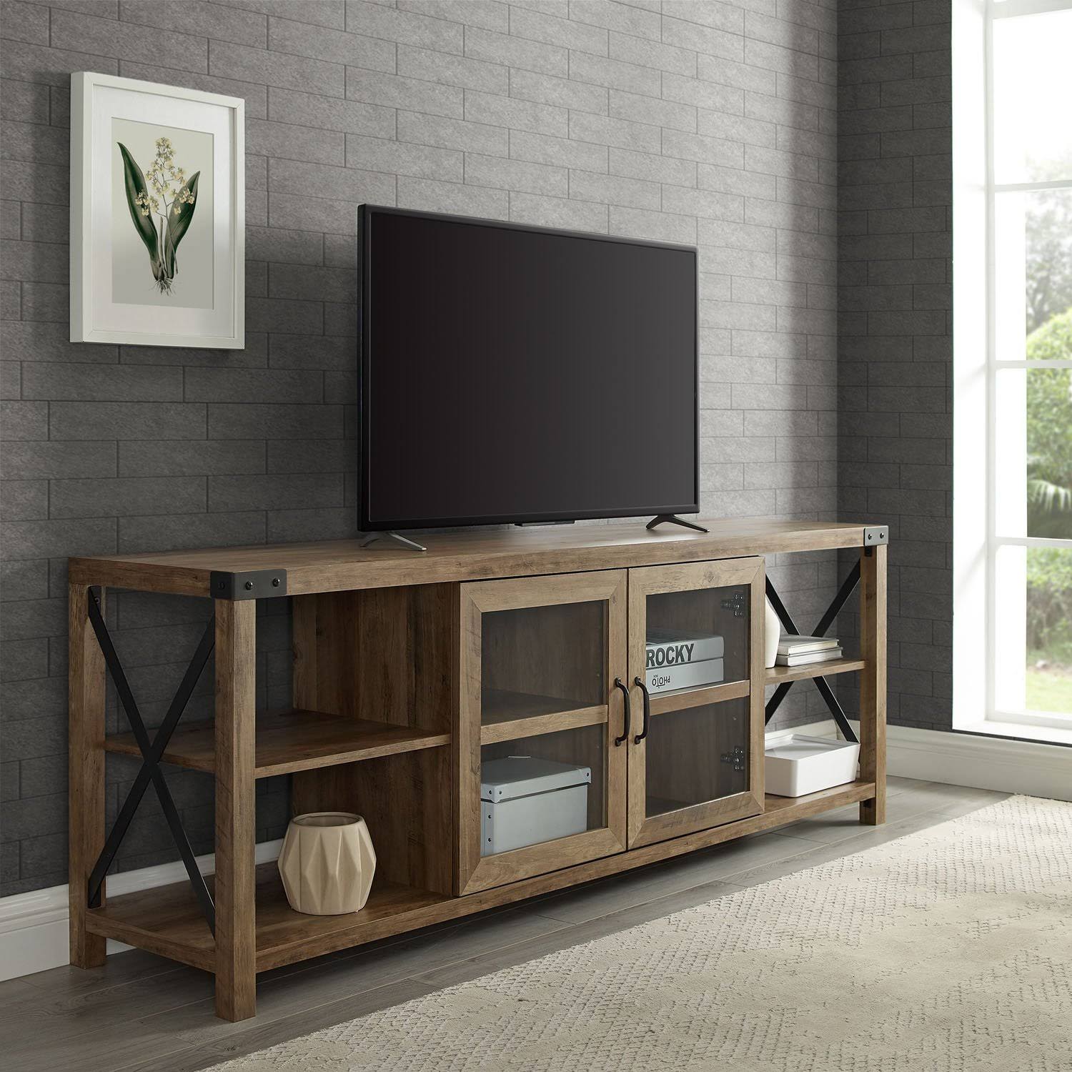 Walker Edison 70x22 Farmhouse Metal x TV Stand - Grey Wash