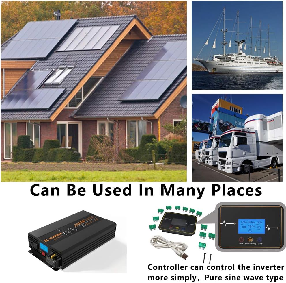 SL Euthtion 3000W Pure Sine Wave Power Inverter 12V DC to 120V AC 60HZ with LCD Display, USB Port, Wireless Remote Control（10M）, Solar, Outdoor