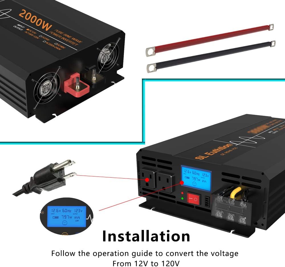 SL Euthtion 3000W Pure Sine Wave Power Inverter 12V DC to 120V AC 60HZ with LCD Display, USB Port, Wireless Remote Control（10M）, Solar, Outdoor