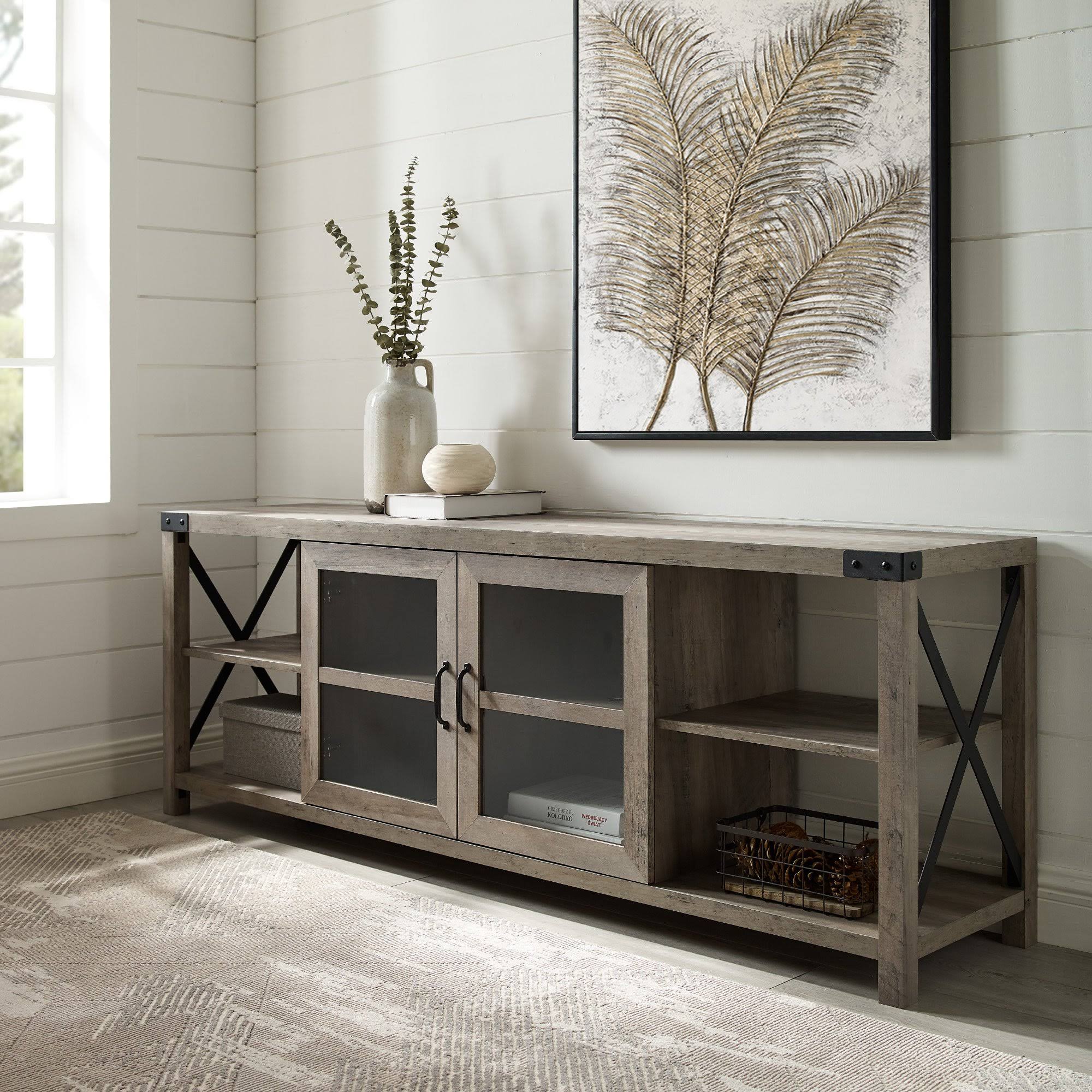 Walker Edison 70x22 Farmhouse Metal x TV Stand - Grey Wash