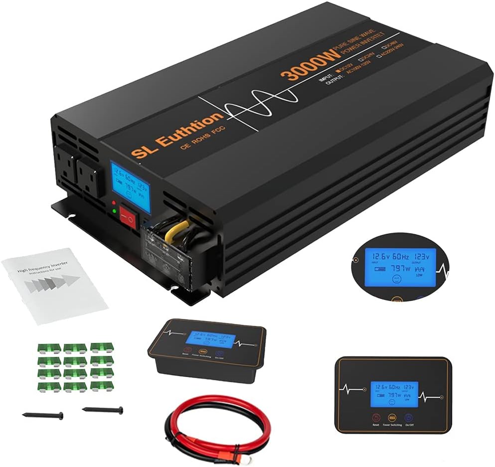 SL Euthtion 3000W Pure Sine Wave Power Inverter 12V DC to 120V AC 60HZ with LCD Display, USB Port, Wireless Remote Control（10M）, Solar, Outdoor