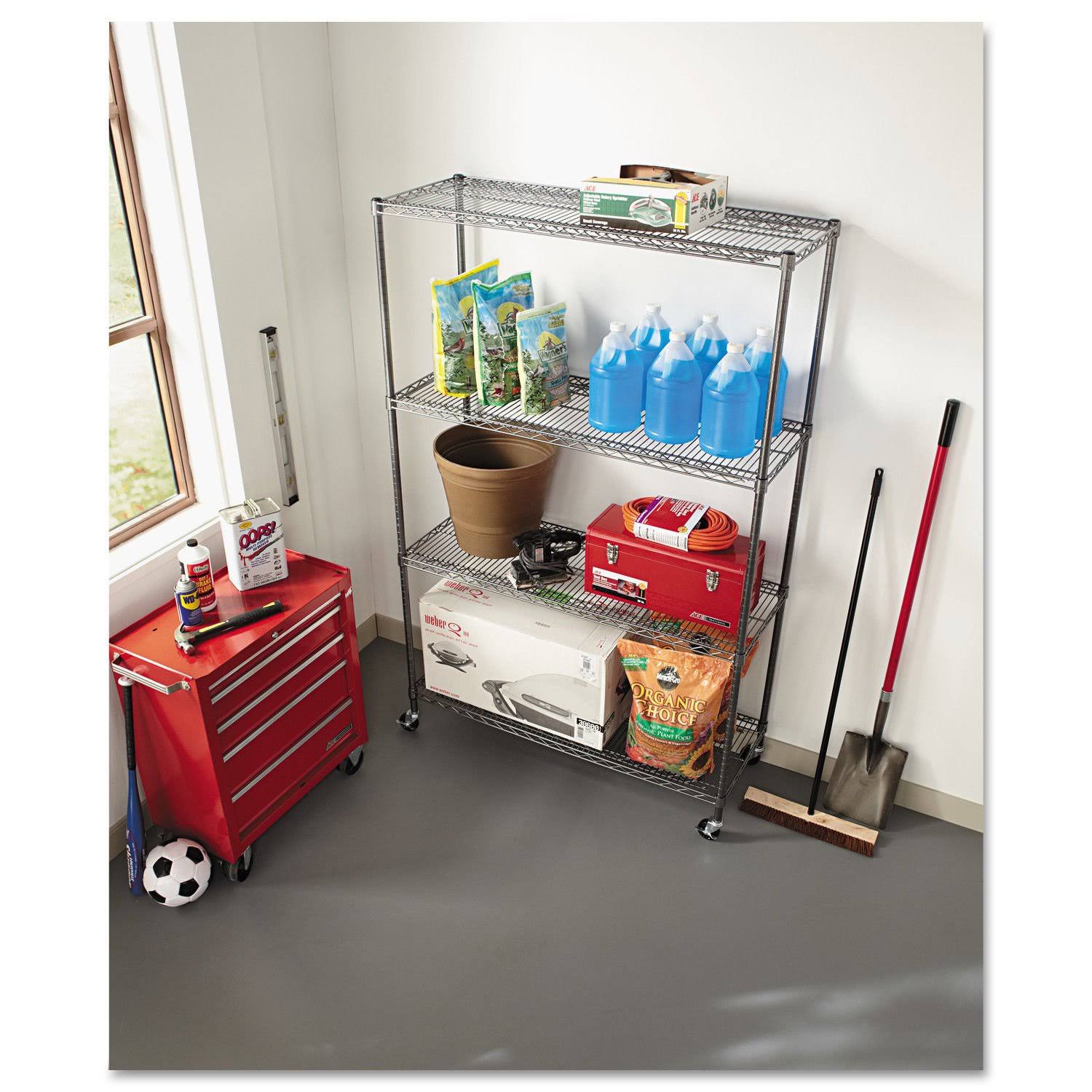 Alera 4-Shelf Wire Shelving Unit with Casters - Black Anthracite