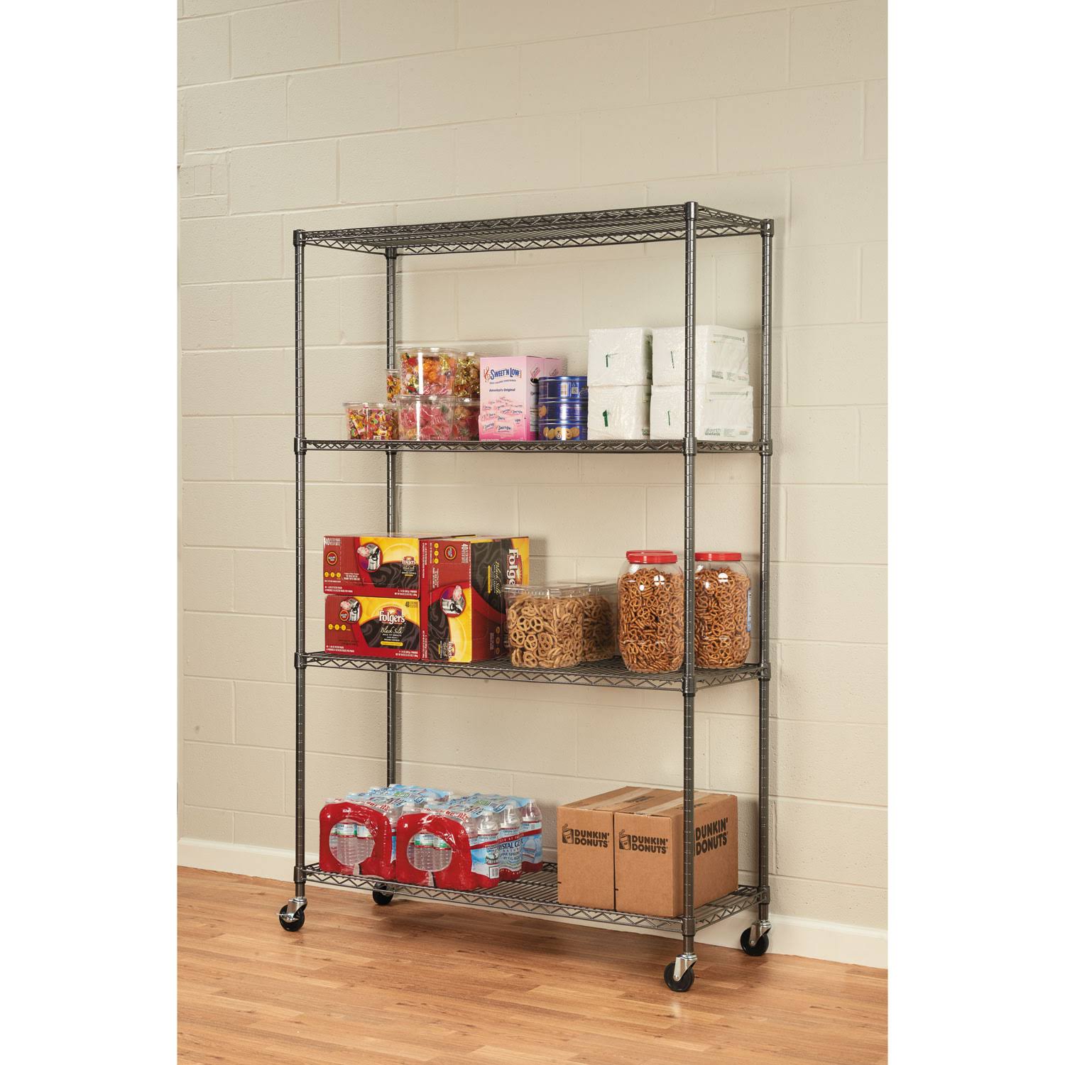 Alera 4-Shelf Wire Shelving Unit with Casters - Black Anthracite