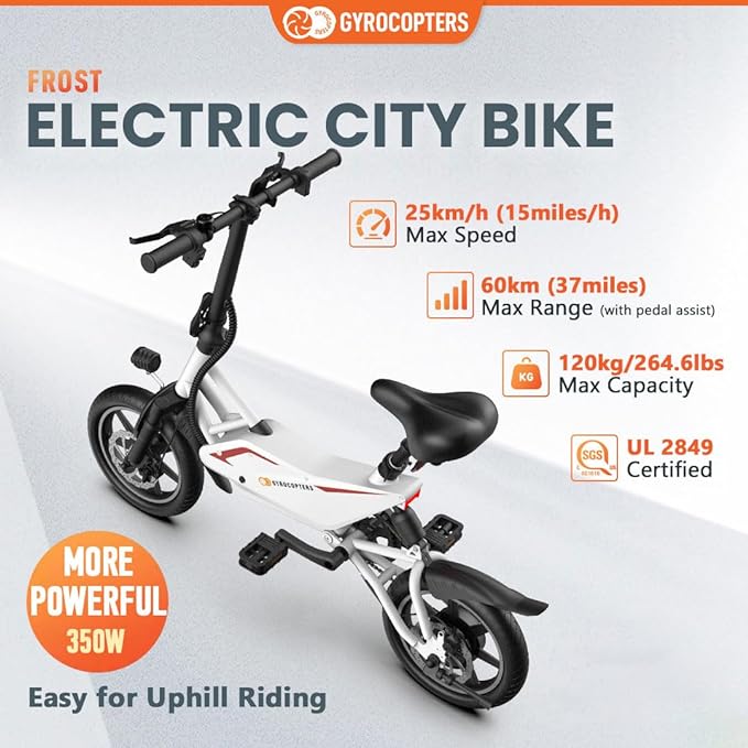 Frost Electric Bike for Adults/Teens 13+ | UL2849 Safe Folding Ebike 350W Brushless Motor | 14-inch Tires Compact Bike | 36V Speed up to 25kmph/15.5mph Long Range PAS up to 60km/37miles