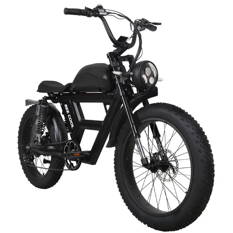 Bicicleta eléctrica de suspensión completa BeeCool Full Black Bee Challenger de largo alcance, motor de 750W, alcance de 100MI, batería de 48V 30Ah, neumáticos de 24