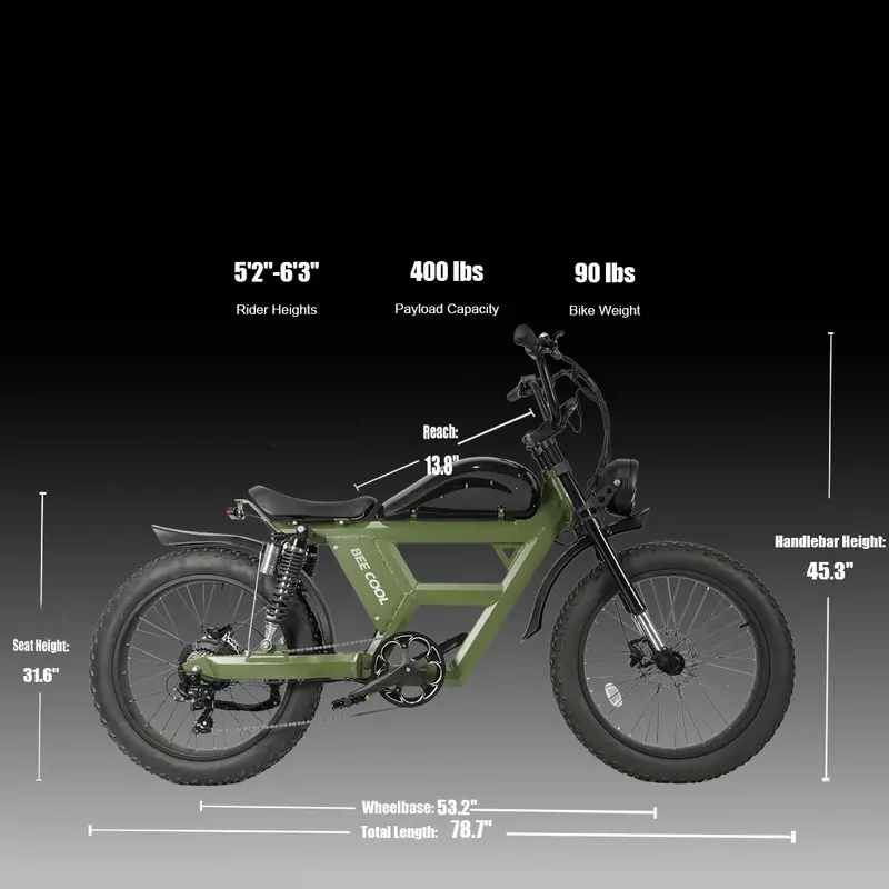 Bicicleta eléctrica de suspensión completa BeeCool Full Black Bee Challenger de largo alcance, motor de 750W, alcance de 100MI, batería de 48V 30Ah, neumáticos de 24