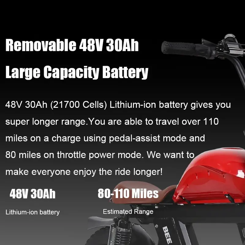 Bicicleta eléctrica de suspensión completa BeeCool Full Black Bee Challenger de largo alcance, motor de 750W, alcance de 100MI, batería de 48V 30Ah, neumáticos de 24