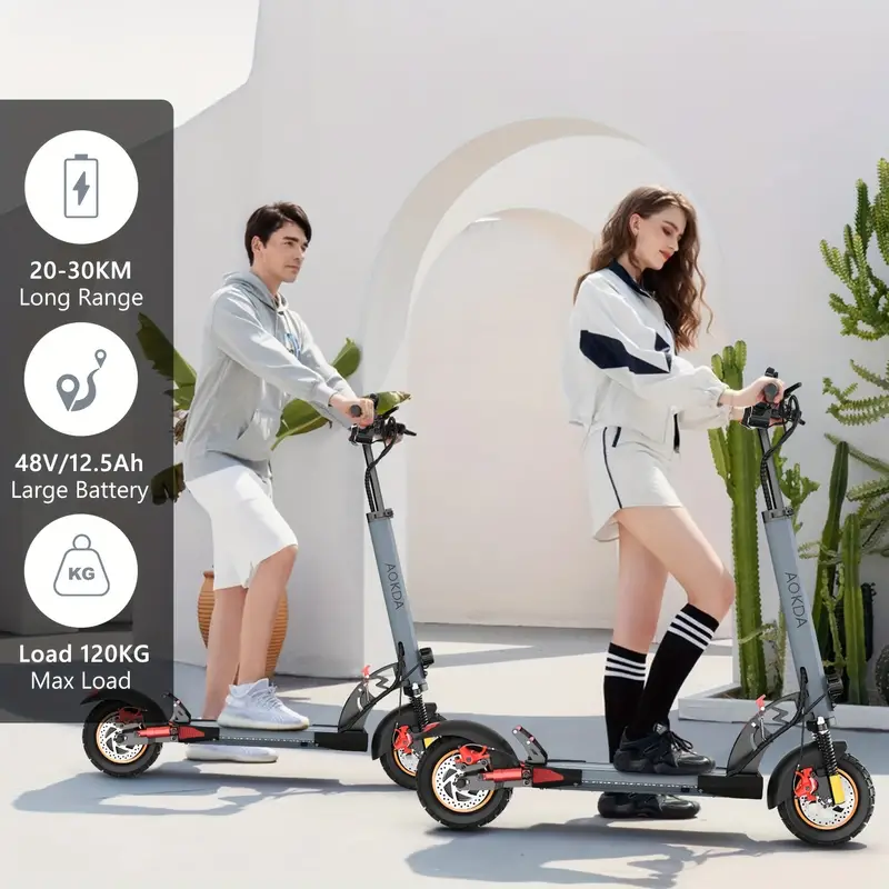 Adults Electric Scooter 48V/12.5Ah, 20-30 Long Range, 18650 Battery, 500W Motor Power, E Scooter For Adults, 25.4cm Pneumatic Tires, Dual Suspension, Dual Braking System And Cruise Control, Foldable Commuter E-Scooter For Adults With Smart LCD Displa