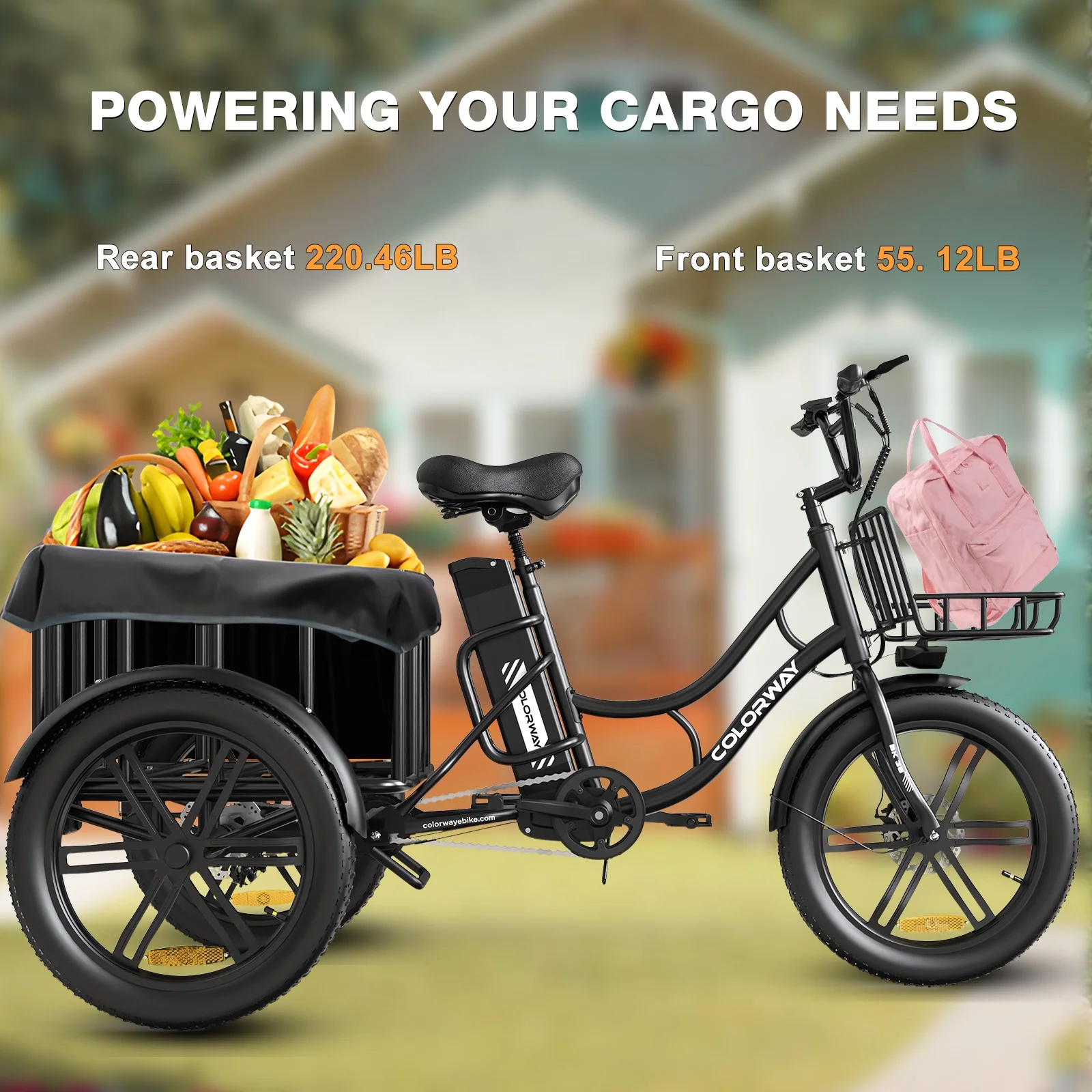 COLORWAY Electric Cargo Bike for Adult, 750W Electric Trike , 3 Wheel Electric Bicycles with UL Tested 48V 18Ah Battery 20*3.0 Fat Tire Tricycles for Men Women with Front & Rear Baskets UL2849