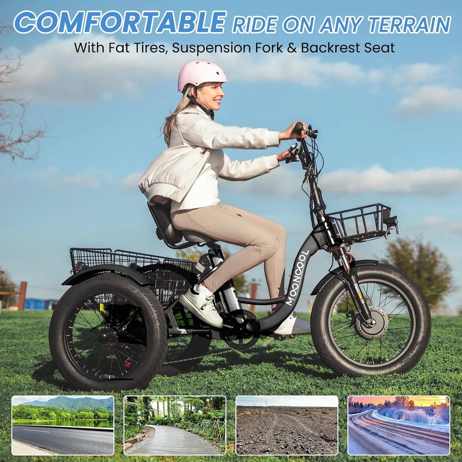 MOONCOOL 750W Motor Electric Tricycle for Adults, 7 Speed 20 x 4.0 Inch Fat Tire 3 Wheel Electric Bike, 48V Removable Battery, Aluminum Frame Motorized Trike with Carry Cargo Front & Rear Basket