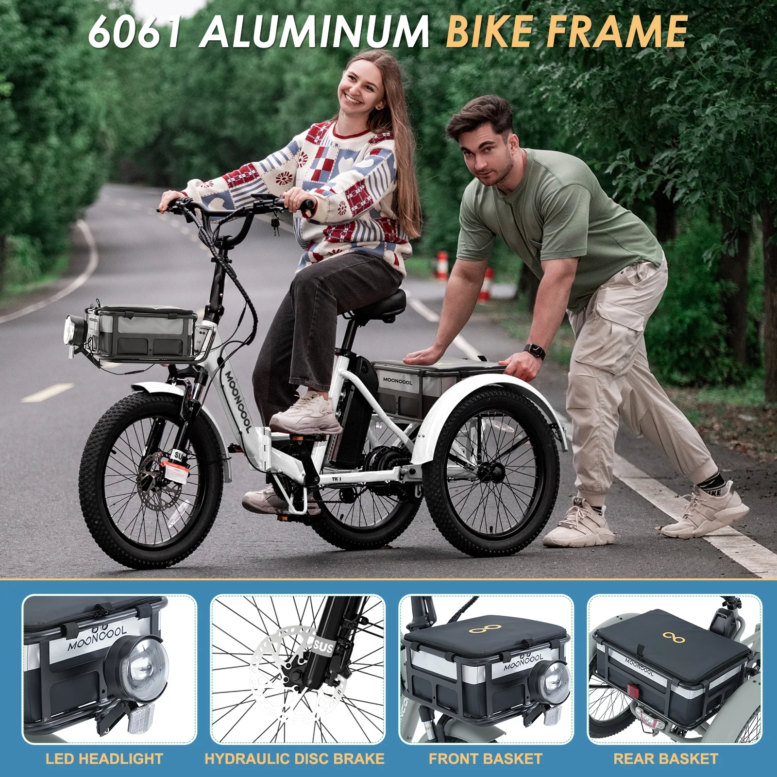 MOONCOOL TK1 Folding Electric Tricycle with Rack Bags , 750W Motor 48V Foldable Ebike Electric Trike for Adults, 20