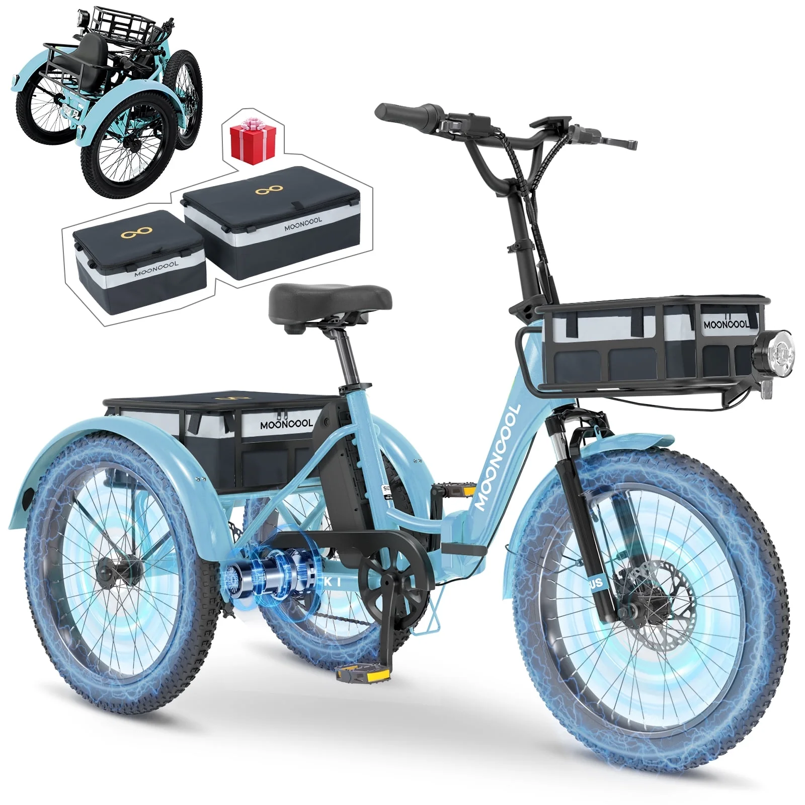 MOONCOOL TK1 Folding Electric Tricycle with Rack Bags , 750W Motor 48V Foldable Ebike Electric Trike for Adults, 20