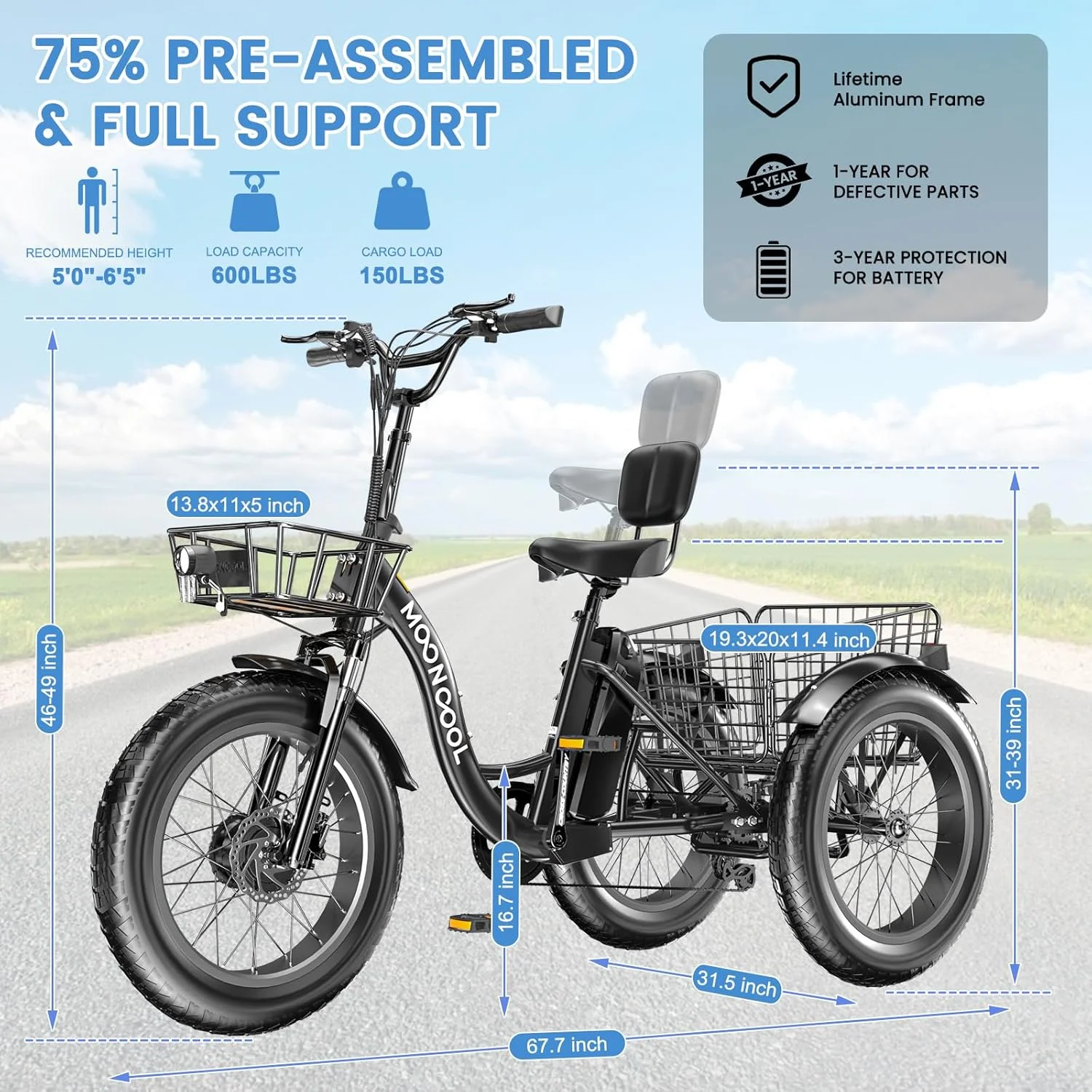 MOONCOOL 750W Motor Electric Tricycle for Adults, 7 Speed 20 x 4.0 Inch Fat Tire 3 Wheel Electric Bike, 48V Removable Battery, Aluminum Frame Motorized Trike with Carry Cargo Front & Rear Basket