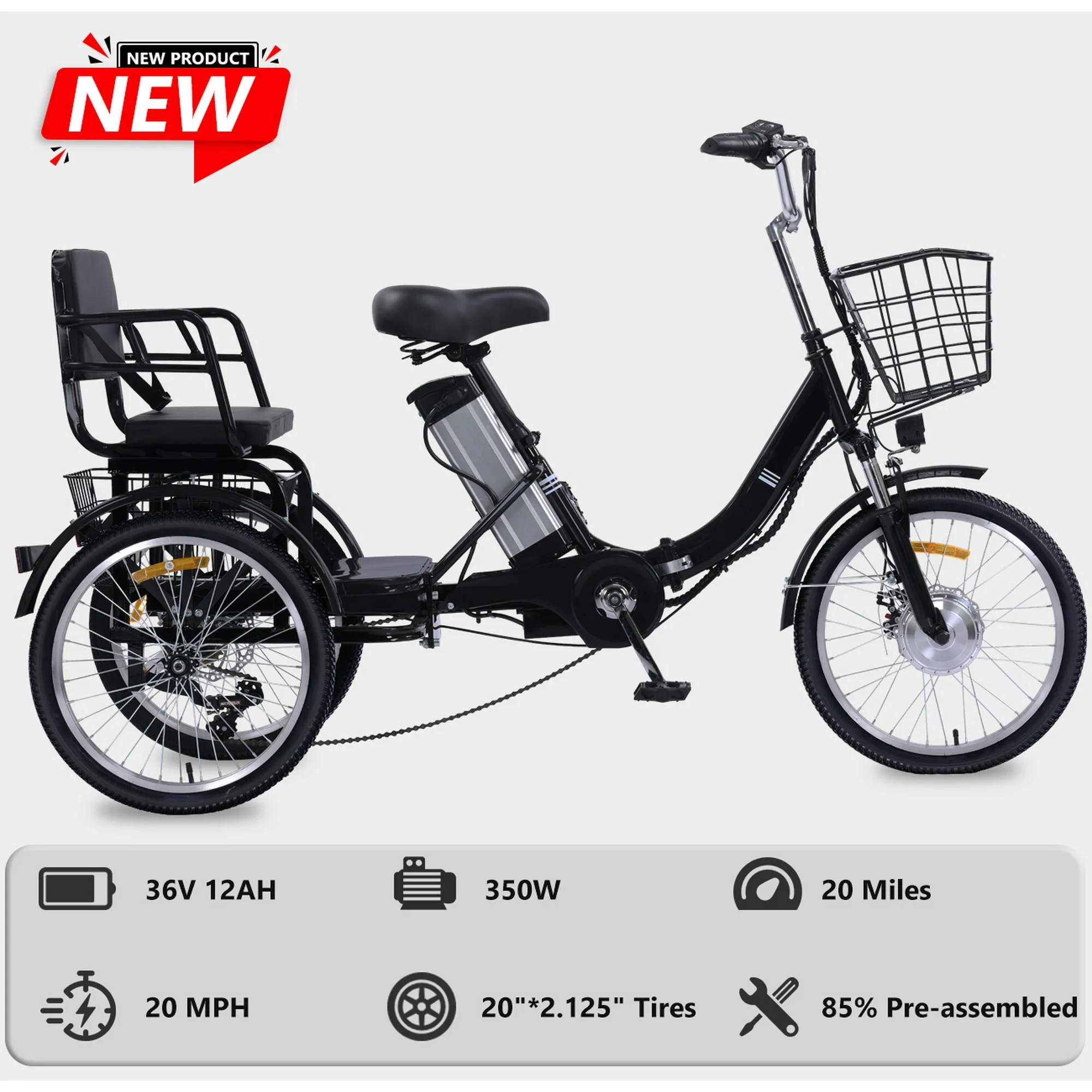 YEBEI Foldable Adult Electric Tricycle 350W with Passenger Seat 20 Miles Capacity 330 lbs