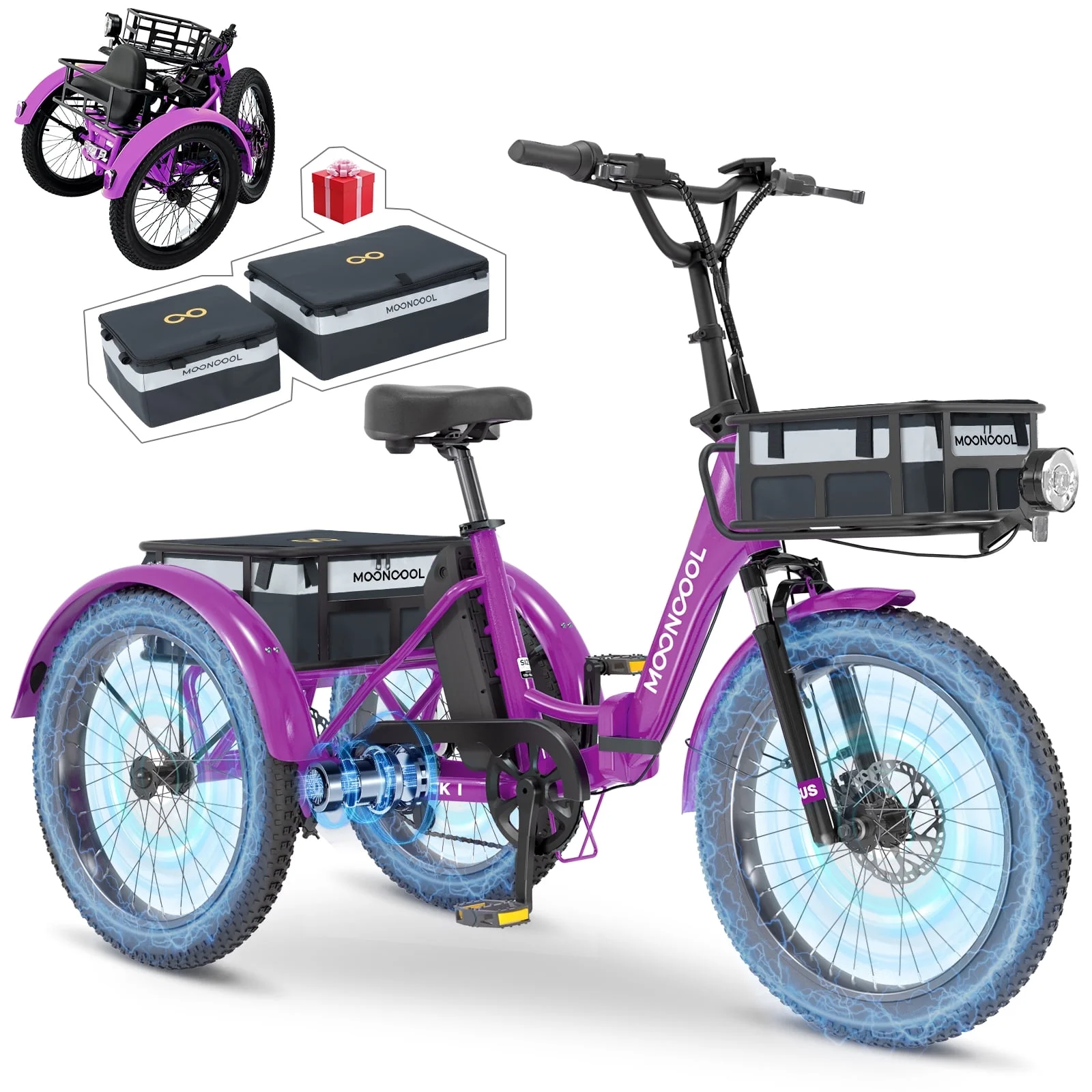 MOONCOOL TK1 Folding Electric Tricycle with Rack Bags , 750W Motor 48V Foldable Ebike Electric Trike for Adults, 20