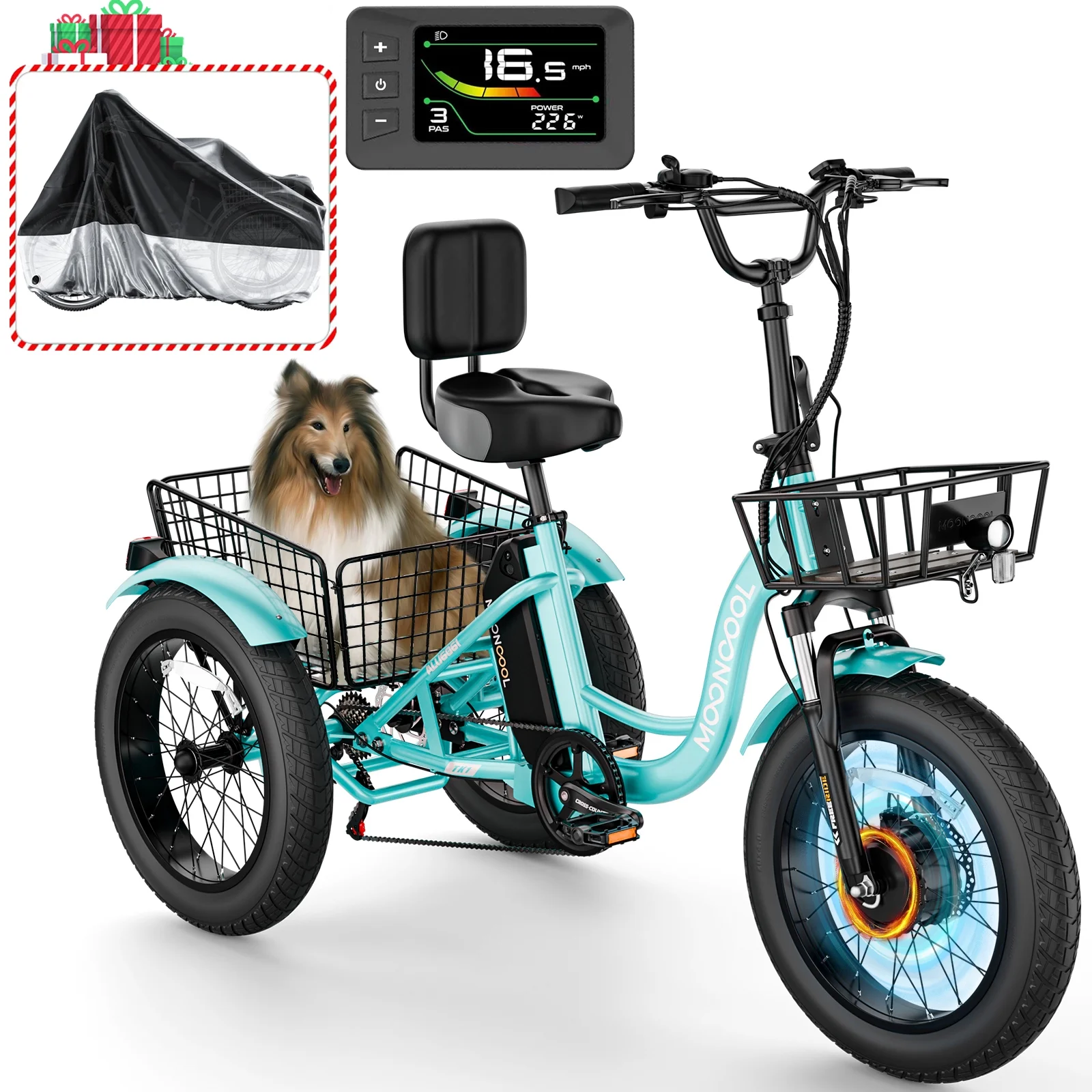 MOONCOOL 750W Motor Electric Tricycle for Adults, 7 Speed 20 x 4.0 Inch Fat Tire 3 Wheel Electric Bike, 48V Removable Battery, Aluminum Frame Motorized Trike with Carry Cargo Front & Rear Basket