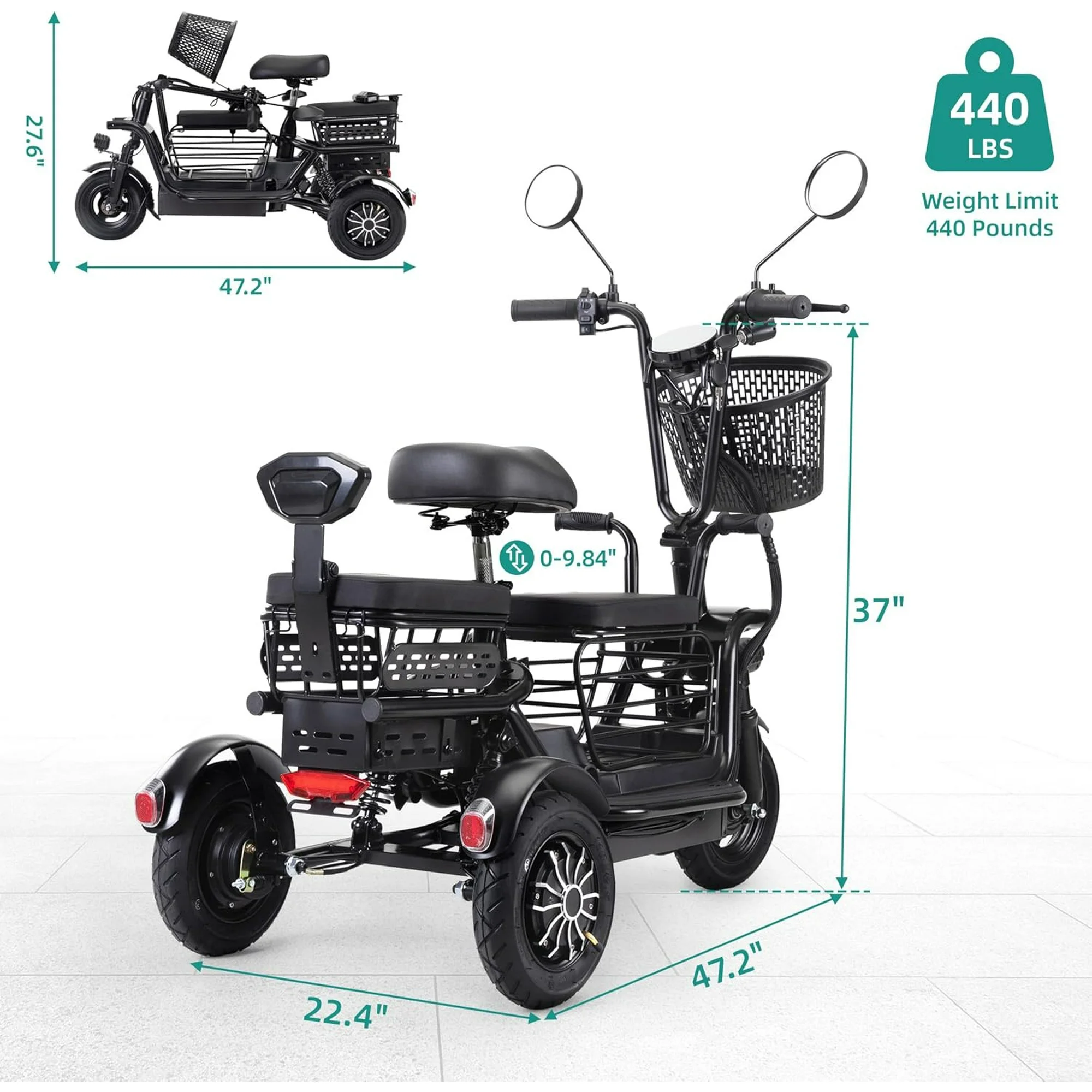 JAXPETY Folding Electric Tricycle, 3 Wheel Motorized Bicycle with 48V 400W Lithium Battery, for Men/Women/Kids, Perfect Spring Gift for Family, Black